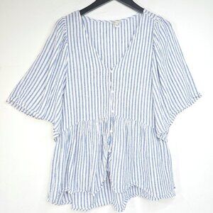 Cato White Blue Stripe Linen Flutter Sleeve Button Front Flowy Babydoll Top